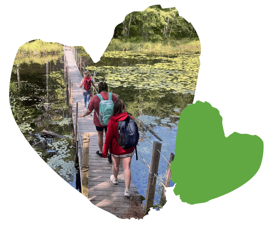 People walking on a narrow wooden bridge over water with lily pads, surrounded by greenery.